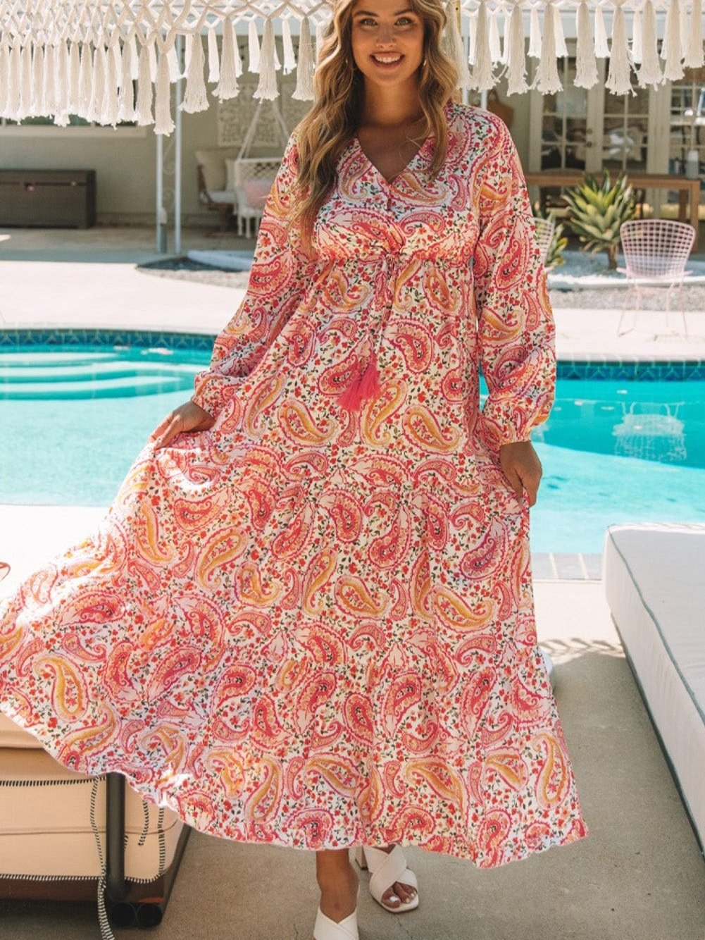 Orange Paisley Boho Maxi Dress for Vacation Vibes