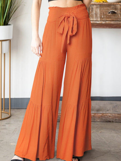 Orange Smocked Waist Tiered Wide Leg Pants