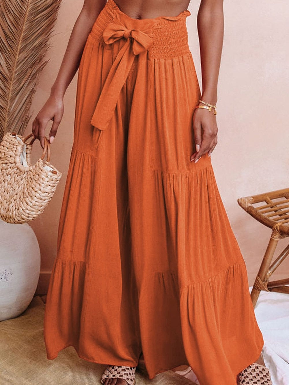 Orange Smocked Waist Tiered Wide Leg Pants