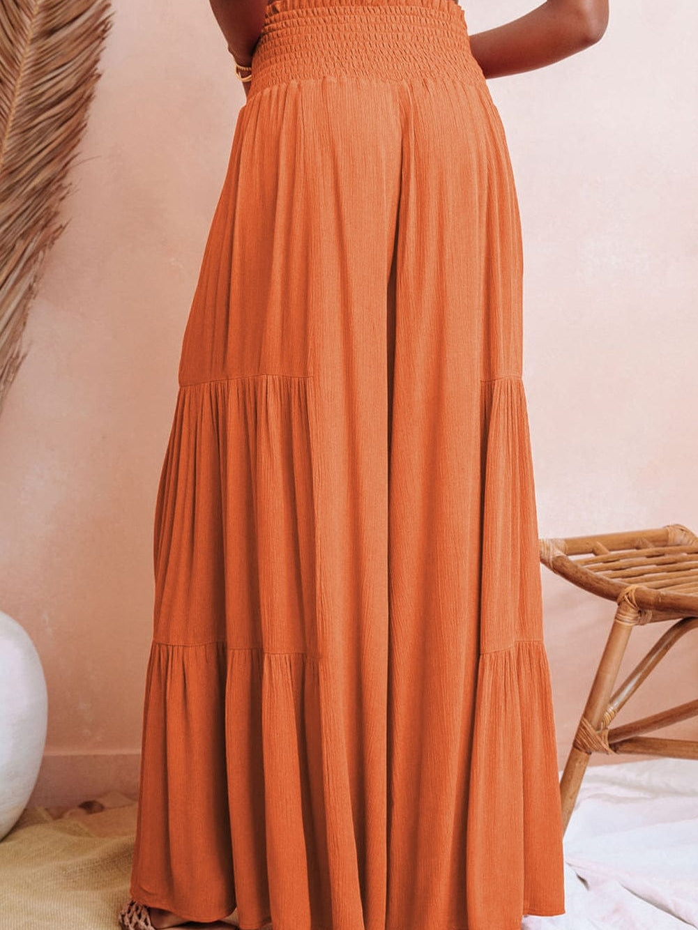 Orange Smocked Waist Tiered Wide Leg Pants
