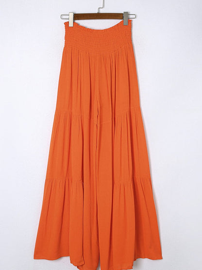 Orange Smocked Waist Tiered Wide Leg Pants