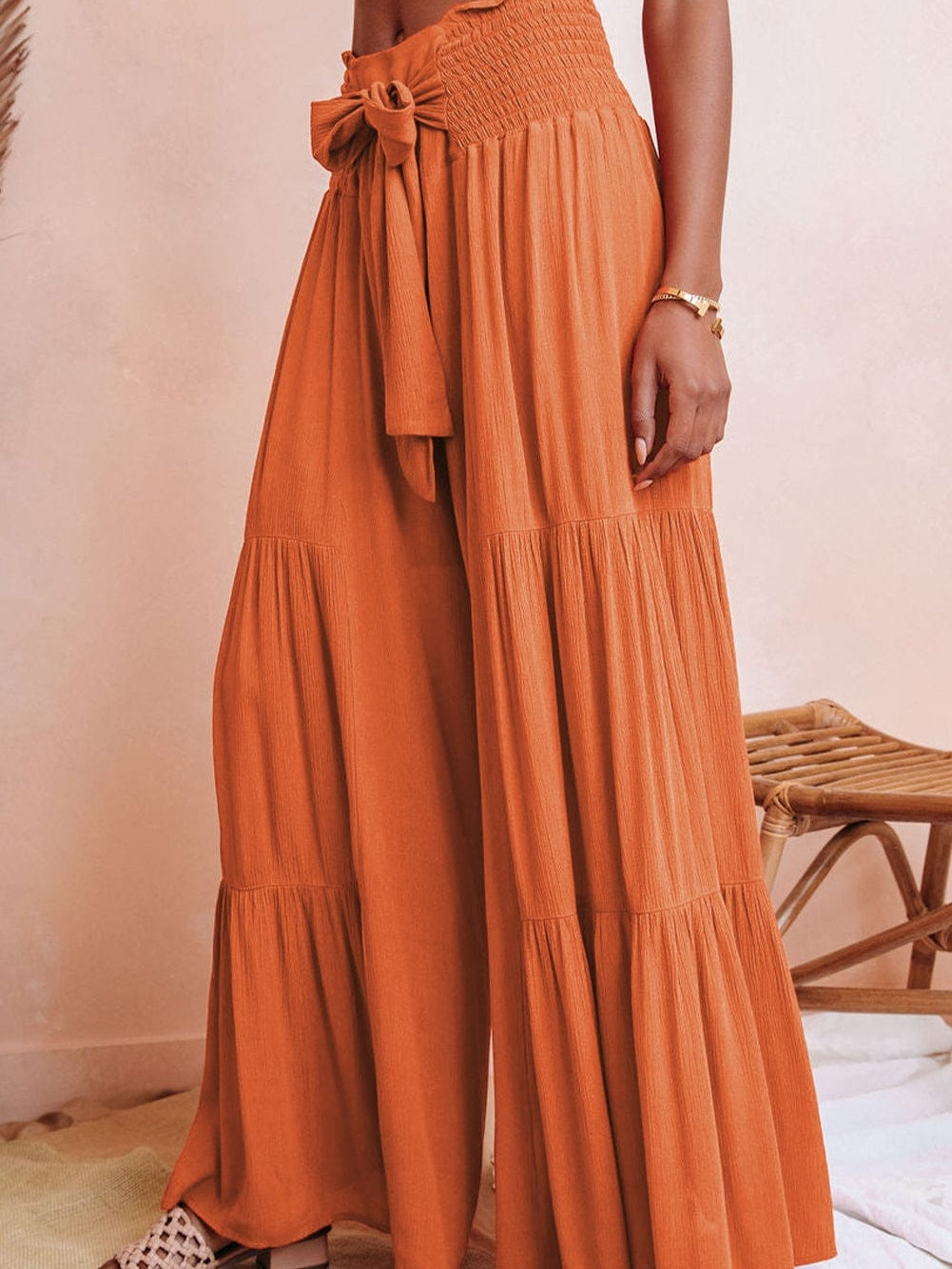 Orange Smocked Waist Tiered Wide Leg Pants