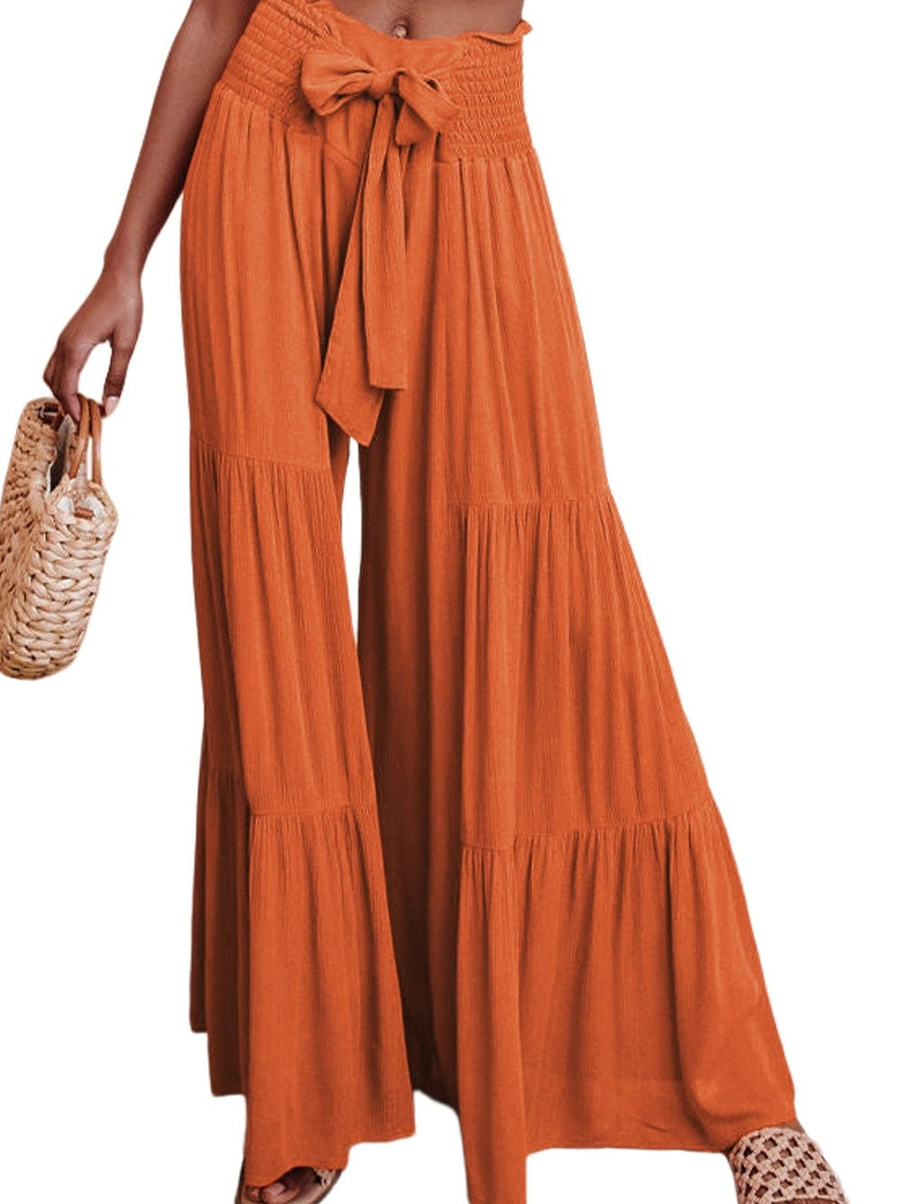 Orange Smocked Waist Tiered Wide Leg Pants