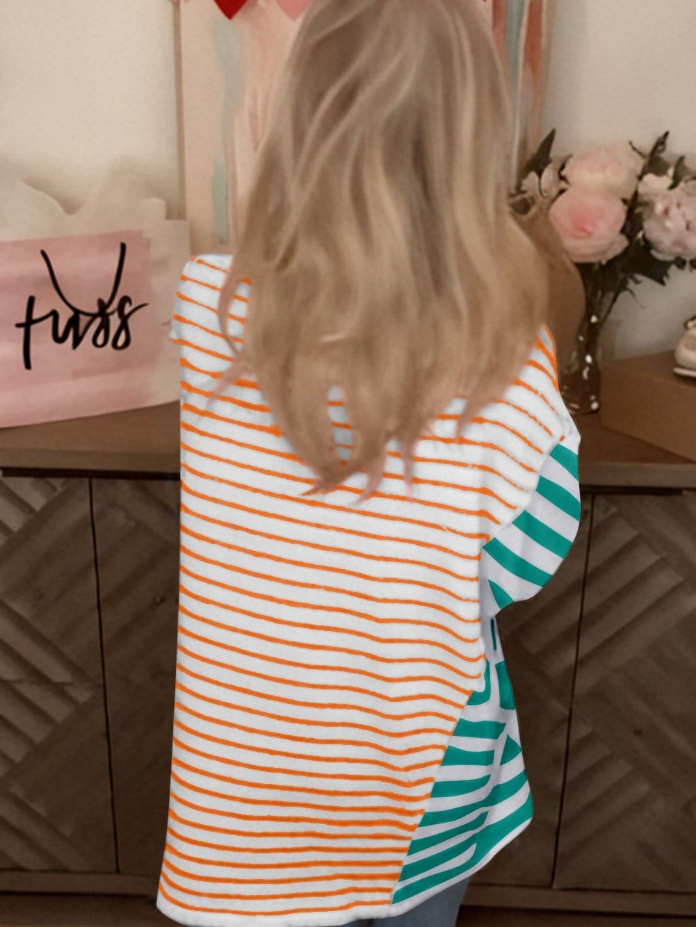Orange Striped Patchwork Colorblock Oversized T-Shirt for Women