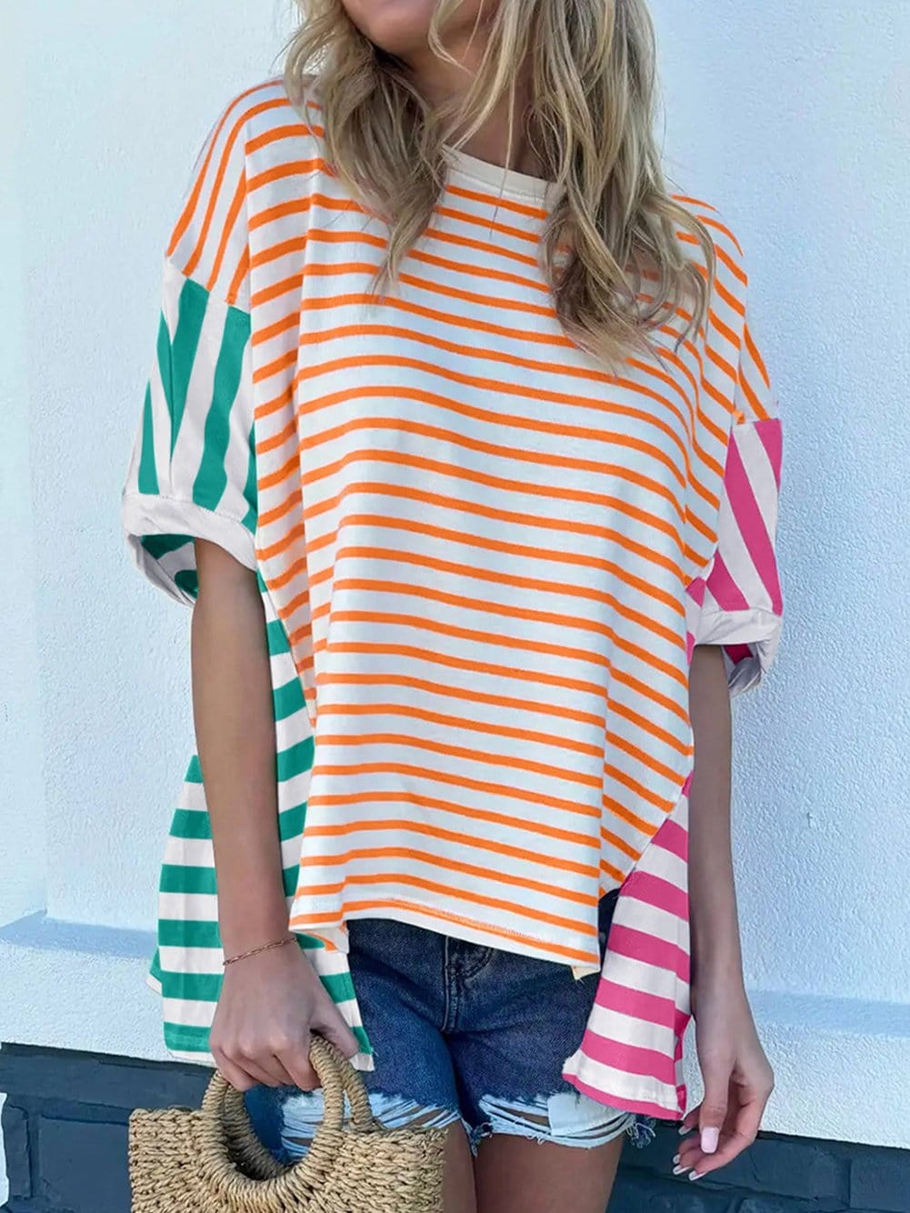 Orange Striped Patchwork Colorblock Oversized T-Shirt for Women