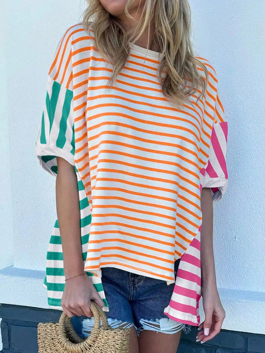 Orange Striped Patchwork Colorblock Oversized T-Shirt for Women