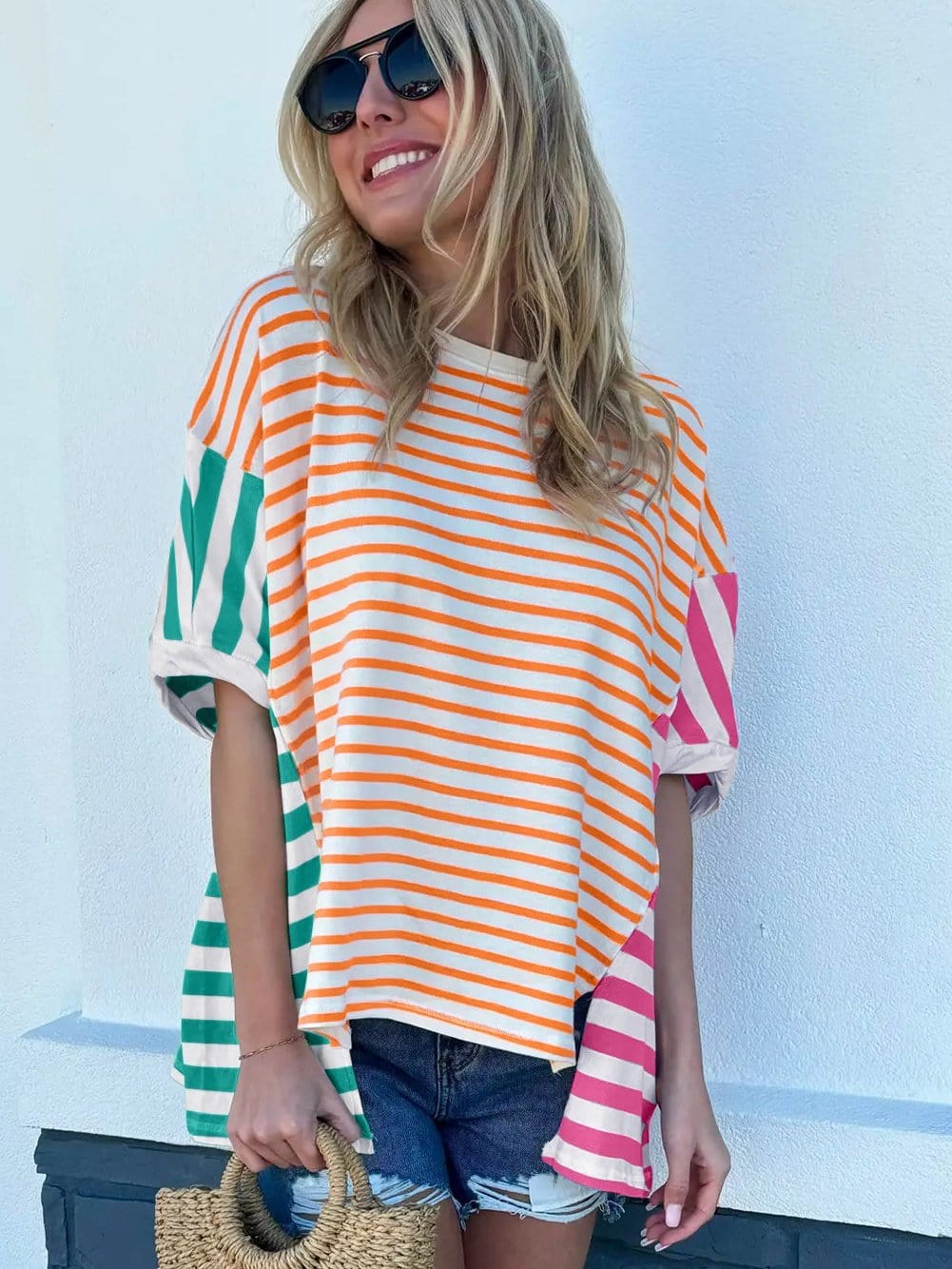 Orange Striped Patchwork Colorblock Oversized T-Shirt for Women