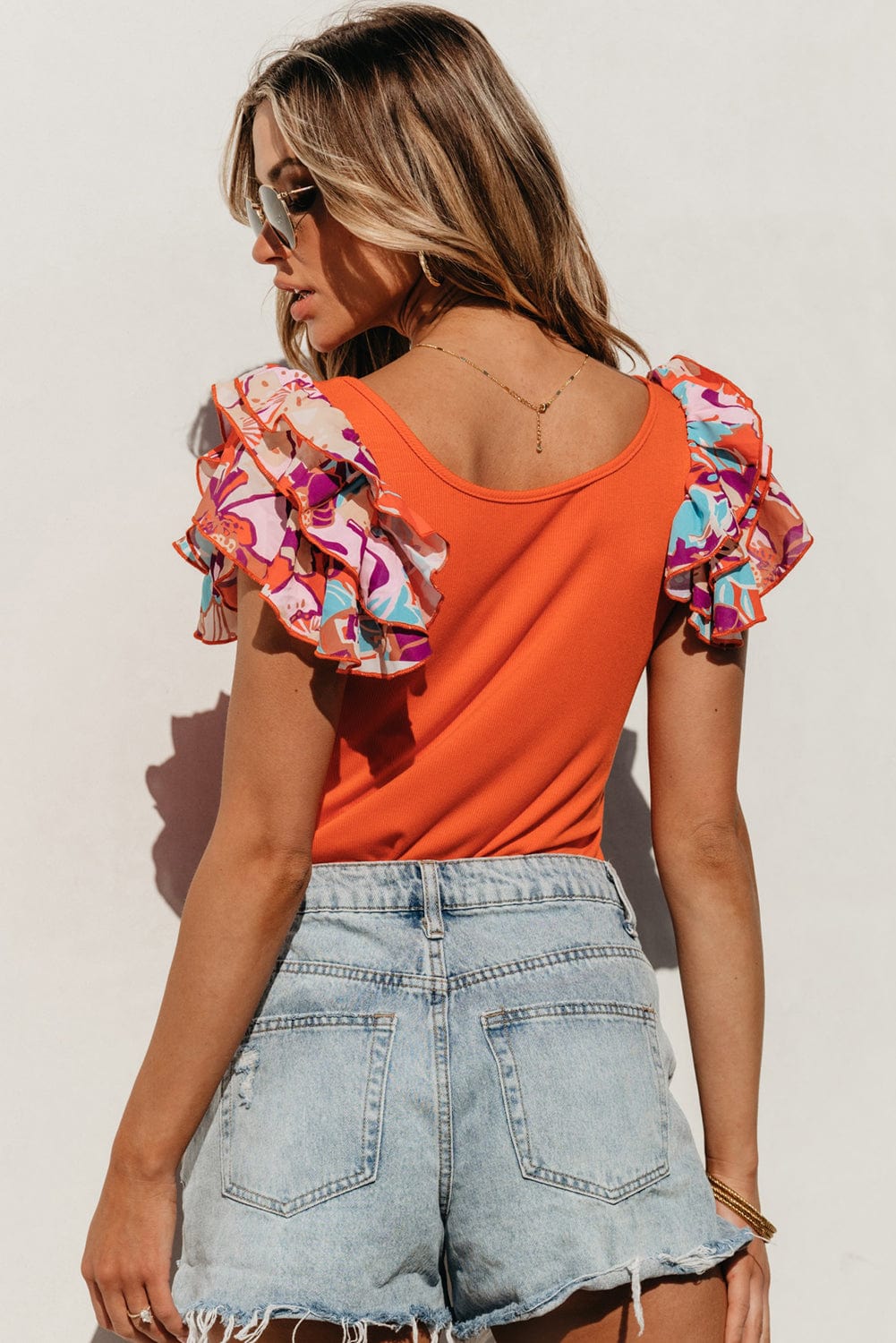 Orange Tiered Ruffled Sleeve Ribbed Knit Bodysuit