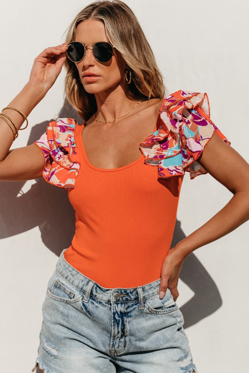 Orange Tiered Ruffled Sleeve Ribbed Knit Bodysuit