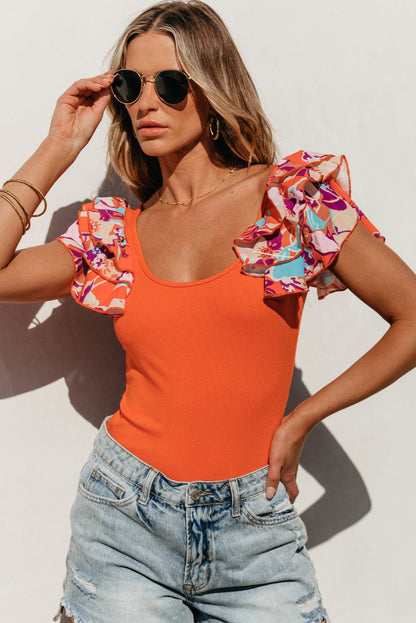 Orange Tiered Ruffled Sleeve Ribbed Knit Bodysuit