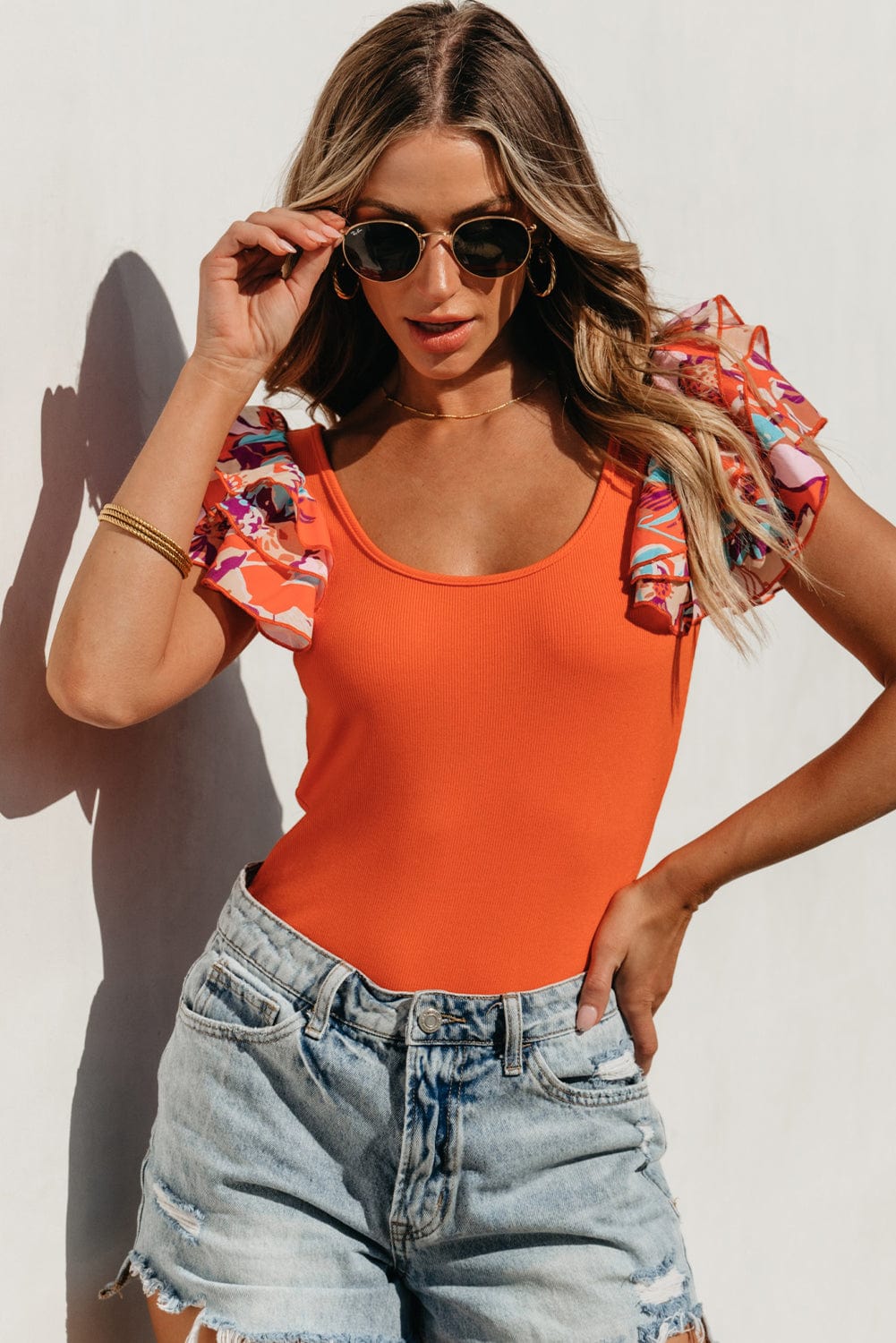 Orange Tiered Ruffled Sleeve Ribbed Knit Bodysuit