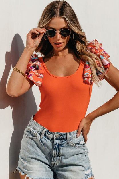 Orange Tiered Ruffled Sleeve Ribbed Knit Bodysuit