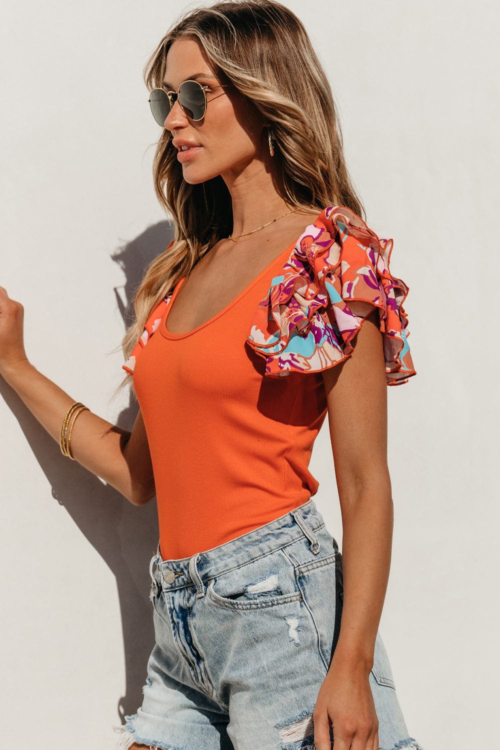 Orange Tiered Ruffled Sleeve Ribbed Knit Bodysuit
