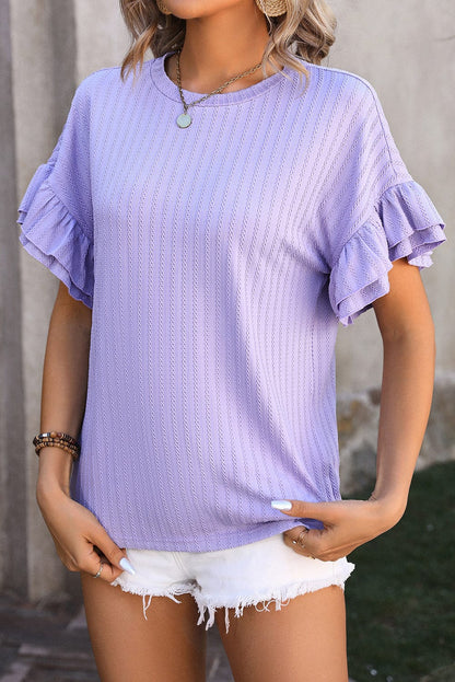 Orchid Bloom Textured Top with Ruffle Sleeves
