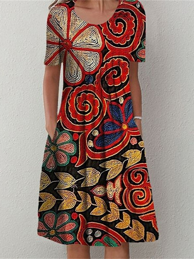 Women's Dress - Casual Dress Summer Dress Print Dress Floral Ruched Pocket Crew Neck Midi Dress Fashion Modern Outdoor Daily Short Sleeve Loose Fit White Red Navy Blue Summer Spring S M L XL XXL