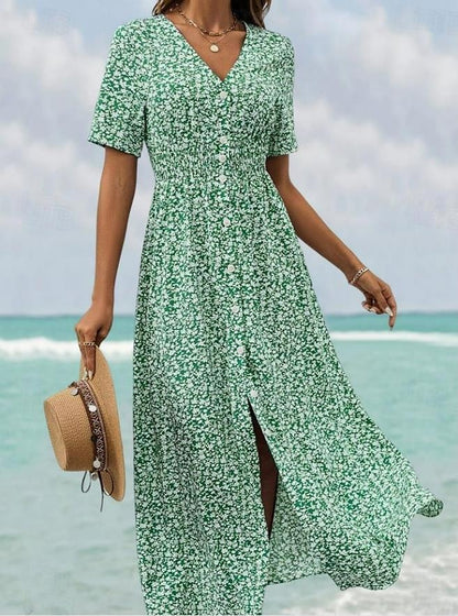 Women's Floral Maxi Dress Green Chiffon A Line Dress Tiered V Neck Hawaiian BeachVacation Short Sleeve Button Summer