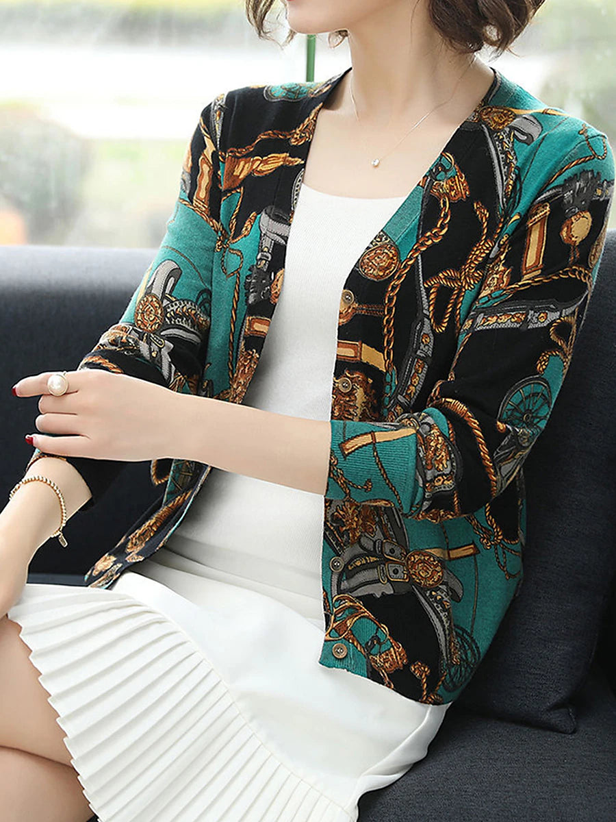 Women's Cardigan Sweater V Neck Ribbed Knit Polyester Button Print Fall Winter Outdoor Daily Holiday Stylish Casual Soft Long Sleeve Animal Floral Rose black Chain black Rose navy blue S M L