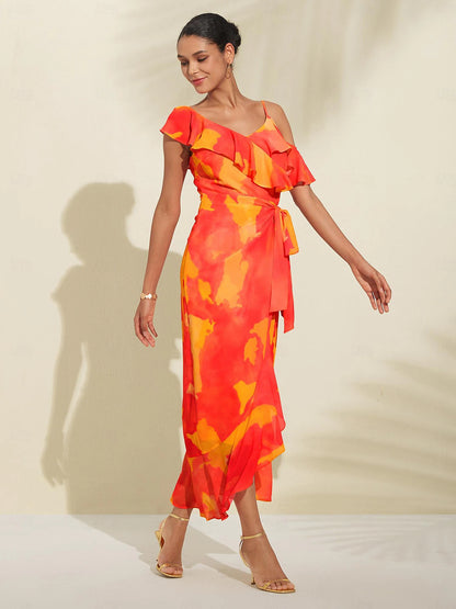 Ruffled Tie-front Asymmetric Chiffon Midi Dress