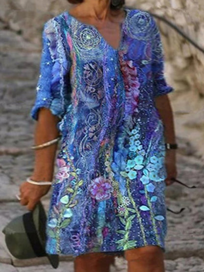 Women's Dress - Plus Size Casual Dress Shift Dress Midi Dress Print V Neck Print Half Sleeve Fall Spring Work Casual Knee Length Dress Daily Date Dress
