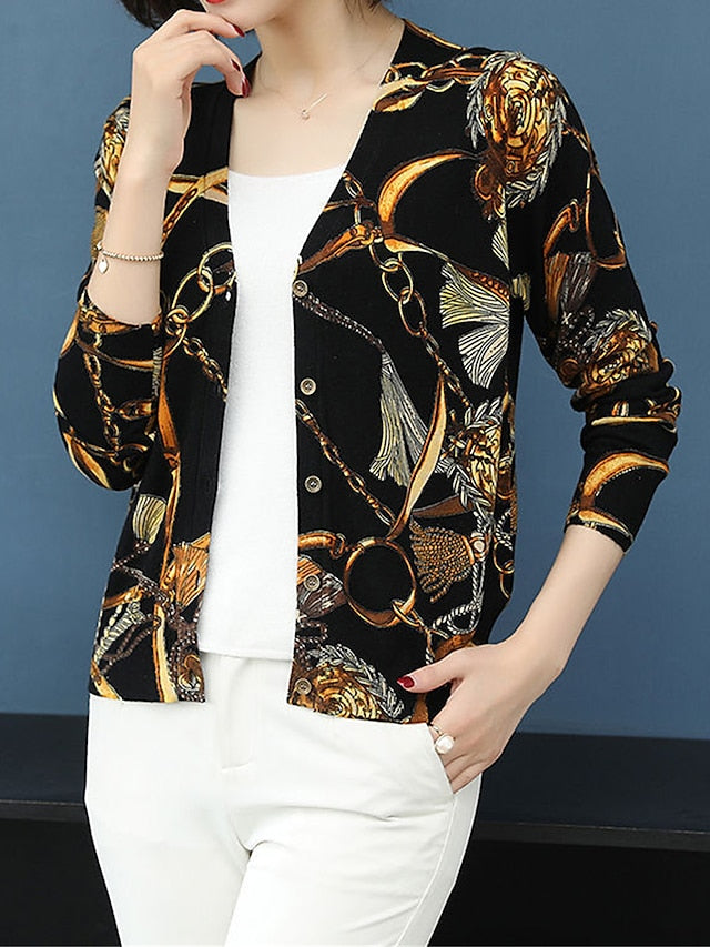 Women's Cardigan Sweater V Neck Ribbed Knit Polyester Button Print Fall Winter Outdoor Daily Holiday Stylish Casual Soft Long Sleeve Animal Floral Rose black Chain black Rose navy blue S M L