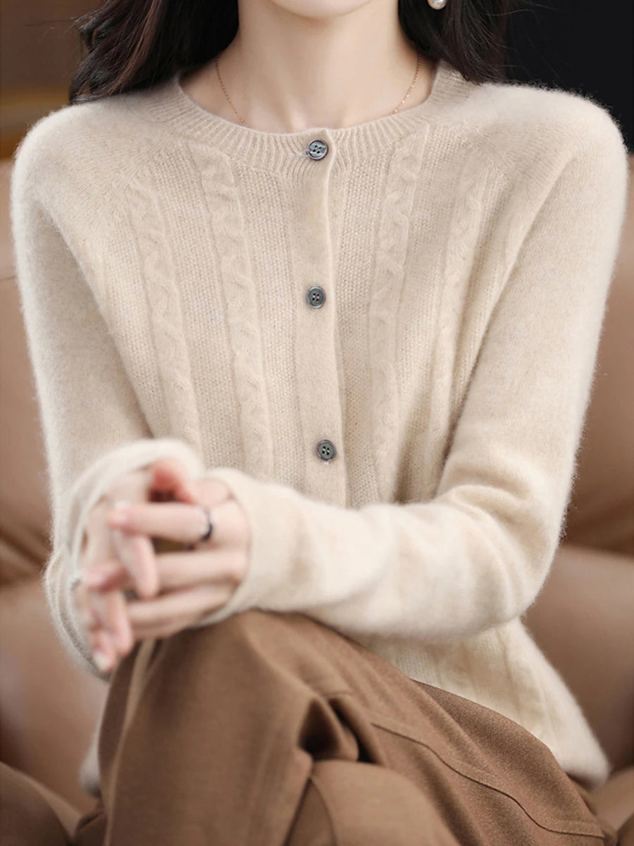 Women's Cardigan Sweater Jacket Crew Neck Cable Knit Polyester Button Knitted Fall Winter Regular Outdoor Daily Going out Streetwear Stylish Casual Long Sleeve Pure Color White Brown Apricot S M L