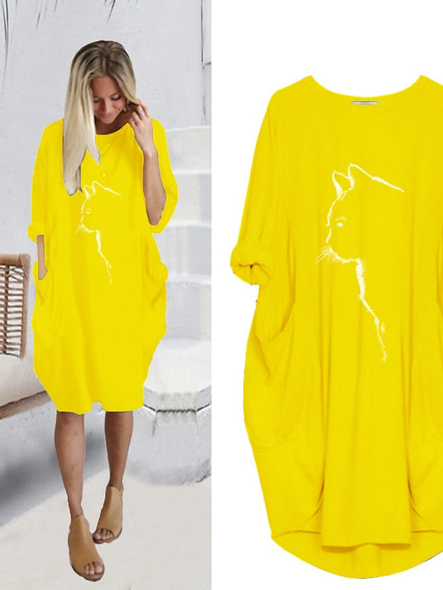 Women's Dress - T Shirt Dress Tee Dress Midi Dress Black Yellow Fuchsia Long Sleeve Print Print Summer Spring Crew Neck Casual Winter Dress Fall Dress Loose Fit 2023 S M L XL XXL 3XL 4XL 5XL
