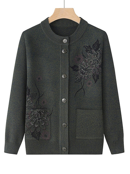 Women's Cardigan Sweater Crew Neck Ribbed Knit Polyester Button Pocket Fall Winter Outdoor Holiday Going out Stylish Casual Soft Long Sleeve Floral claret Grass Green Leather Pink XL 2XL 3XL