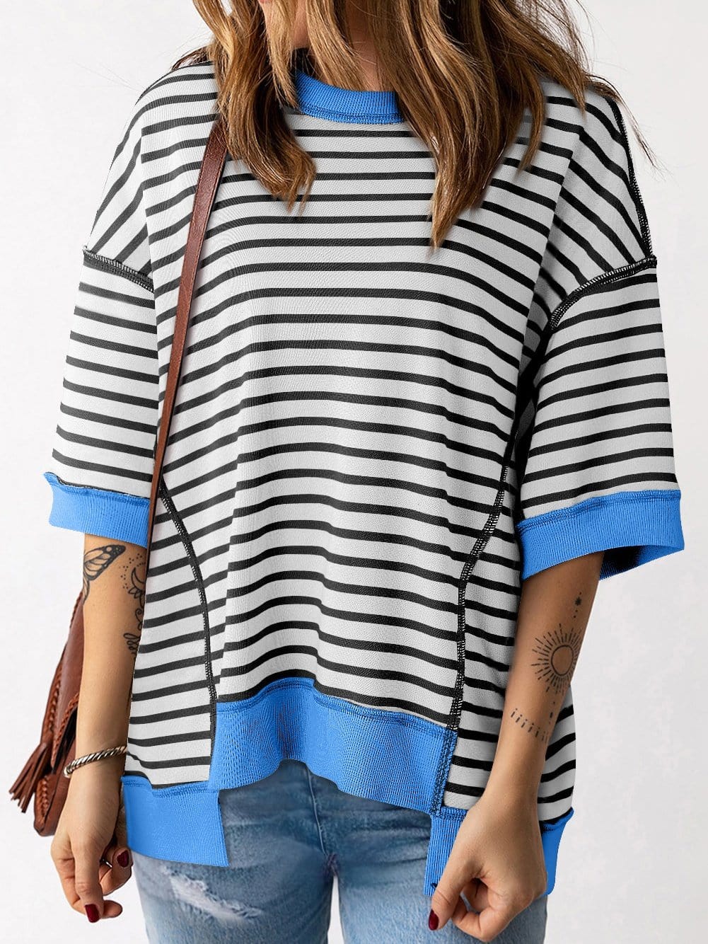 Oversized Black Striped High Low T Shirt with Edgy Exposed Seam
