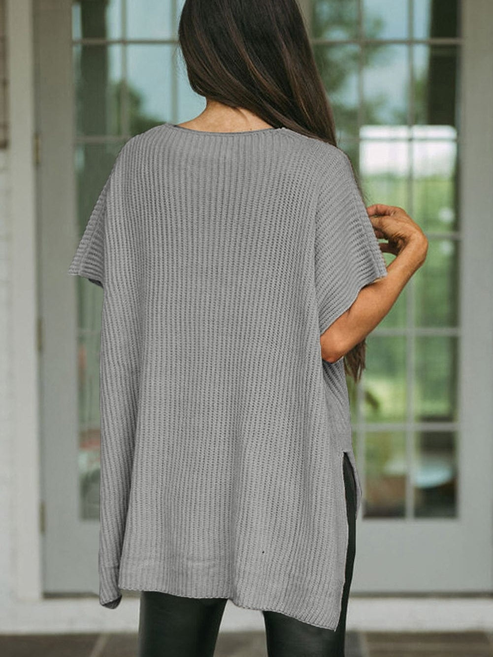 Oversized Gray Round Neck Sweater with Side Slits