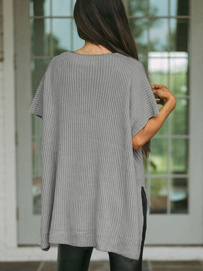 Oversized Gray Round Neck Sweater with Side Slits