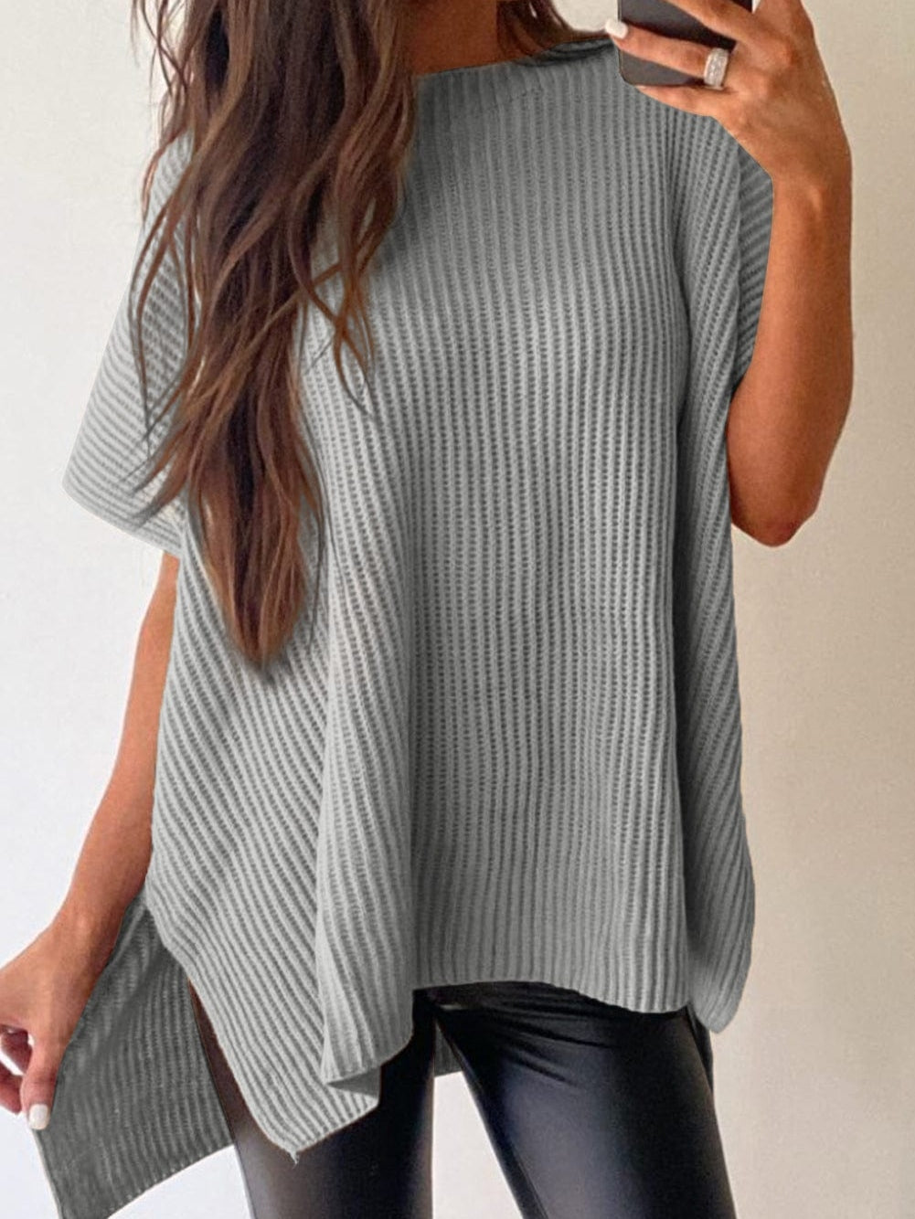 Oversized Gray Round Neck Sweater with Side Slits