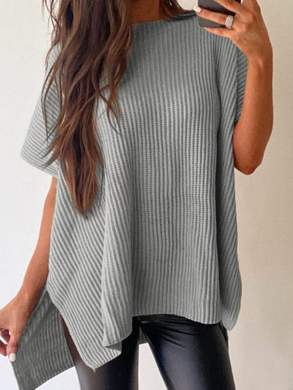 Oversized Gray Round Neck Sweater with Side Slits