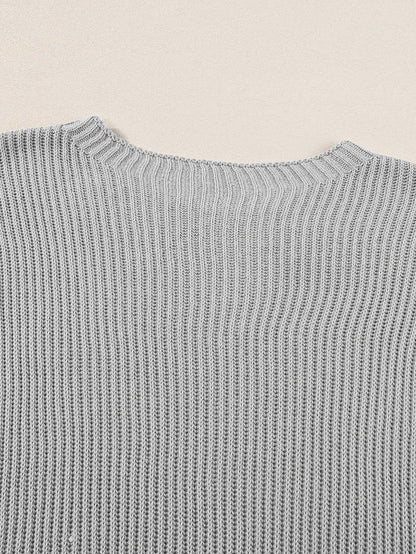 Oversized Gray Round Neck Sweater with Side Slits