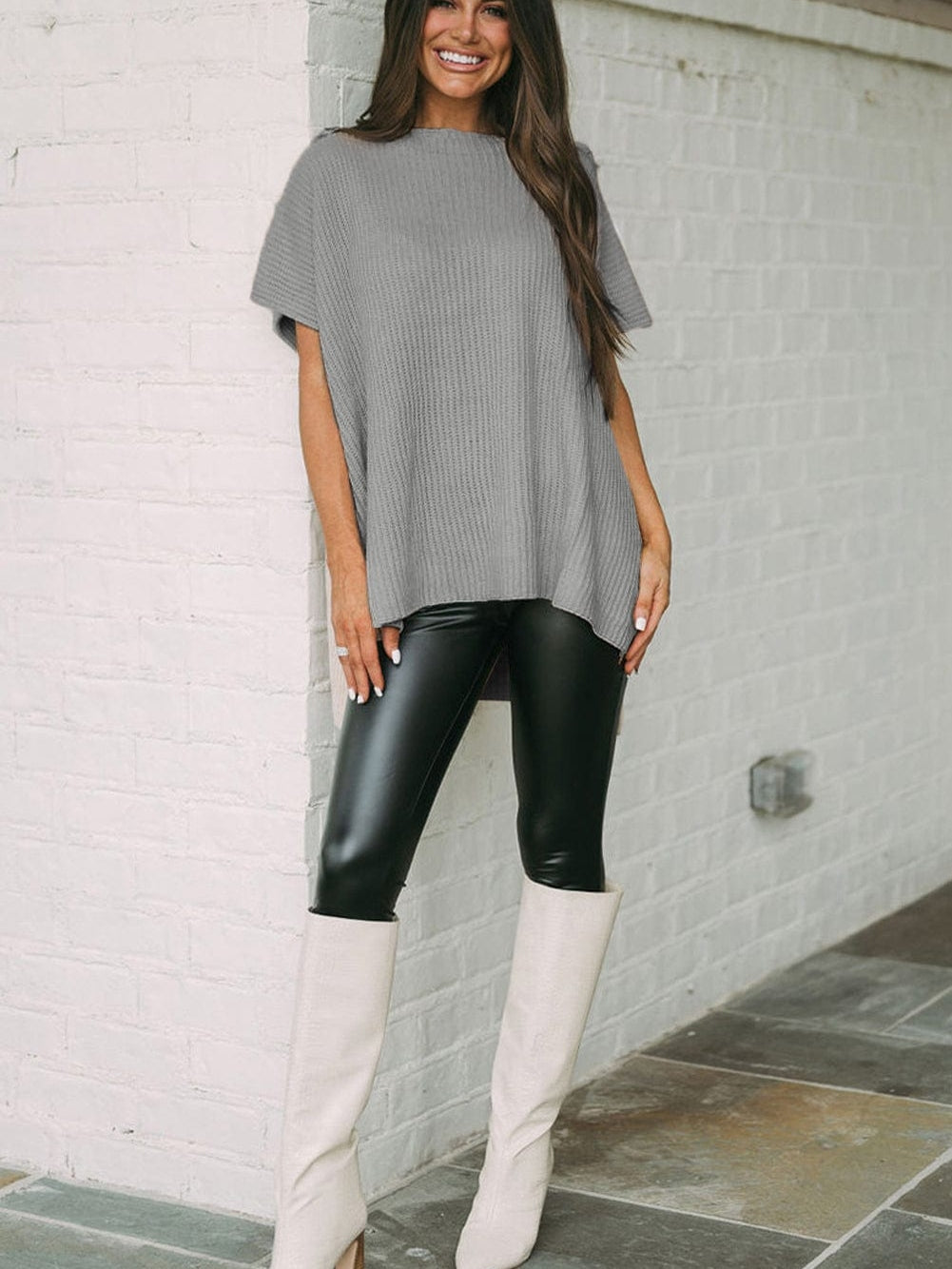 Oversized Gray Round Neck Sweater with Side Slits