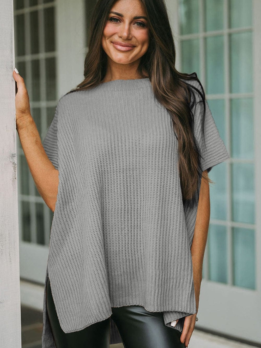 Oversized Gray Round Neck Sweater with Side Slits