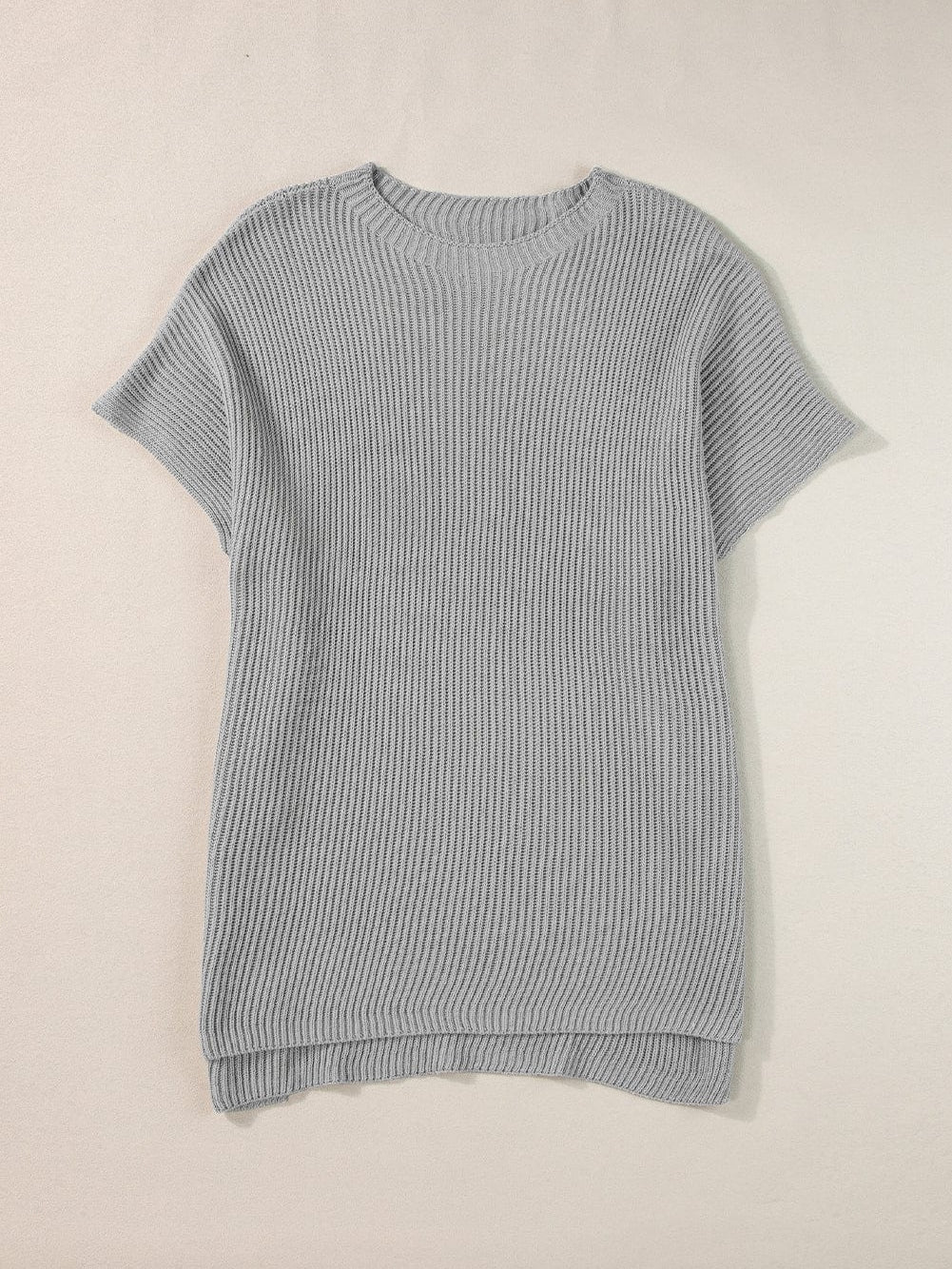 Oversized Gray Round Neck Sweater with Side Slits