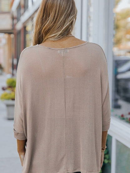 Oversized Khaki Knit Top with Three Quarter Sleeves