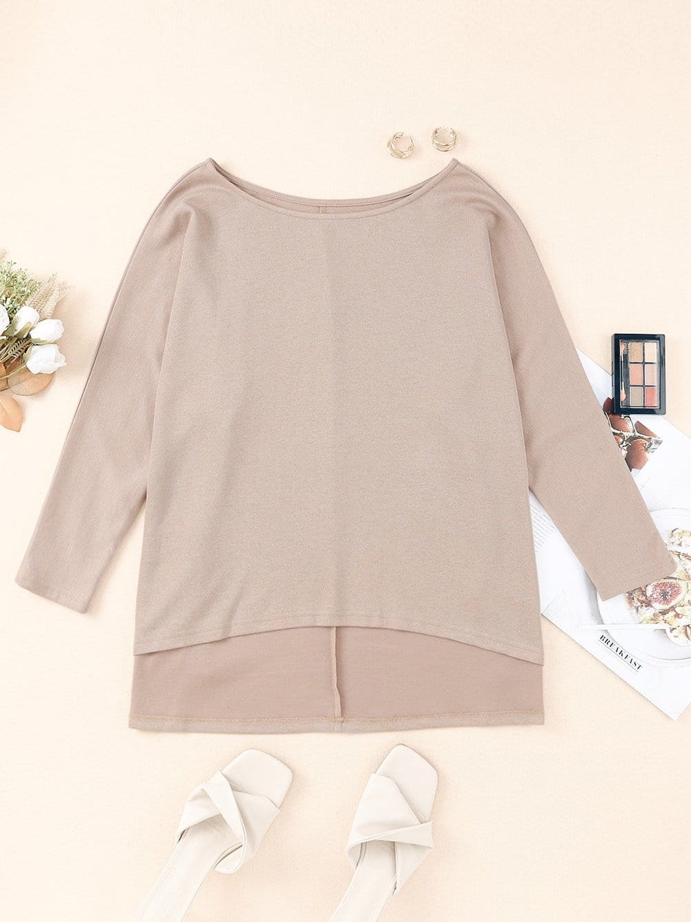 Oversized Khaki Knit Top with Three Quarter Sleeves