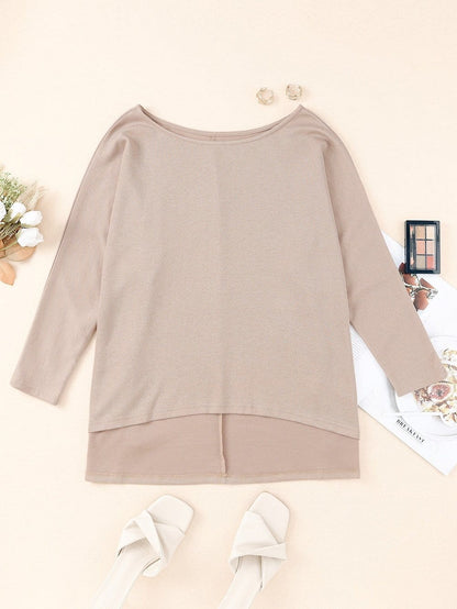 Oversized Khaki Knit Top with Three Quarter Sleeves