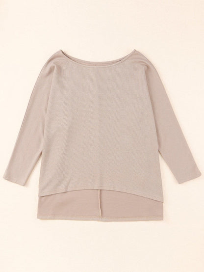 Oversized Khaki Knit Top with Three Quarter Sleeves