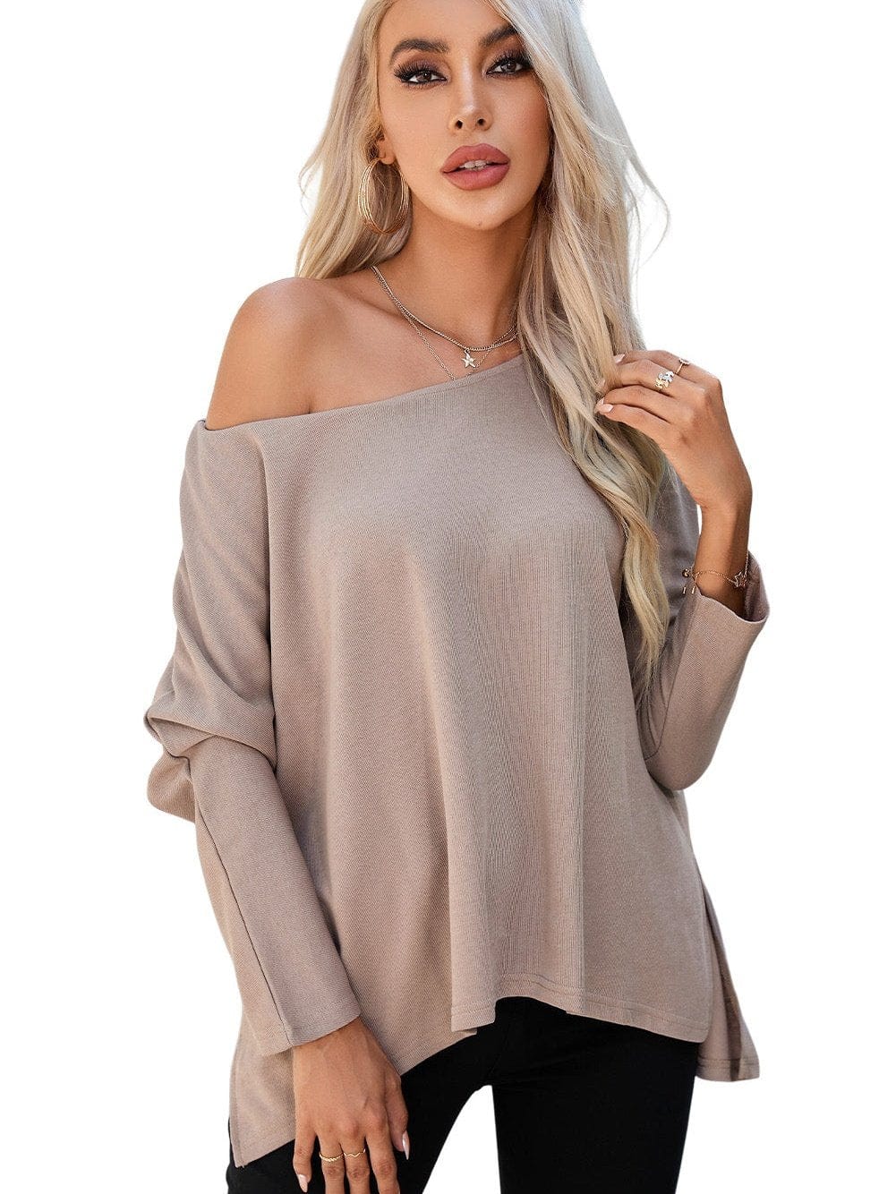 Oversized Khaki Knit Top with Three Quarter Sleeves