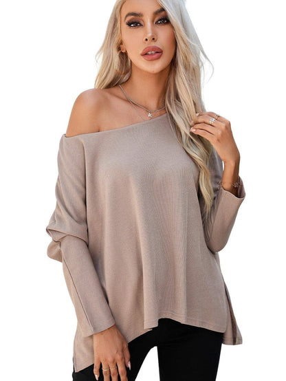 Oversized Khaki Knit Top with Three Quarter Sleeves