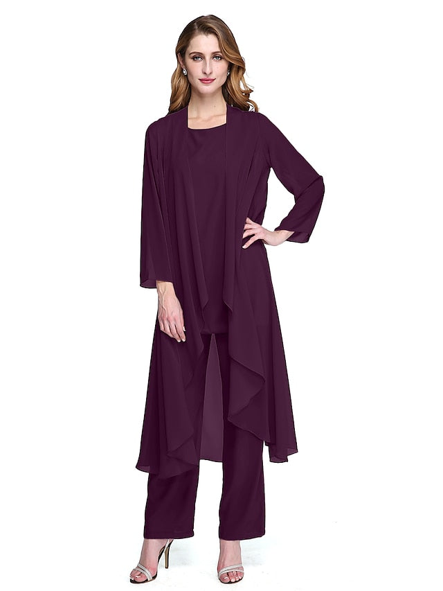 Jumpsuit / Pantsuit Mother of the Bride Dress Plus Size Elegant Bateau Neck Floor Length Chiffon Sleeveless yes with Solid Color 2023 - LuckyFash™