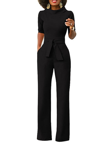 Jumpsuits for Women Summer Dressy Clean Fit Pocket High Waist Solid Color Stand Collar Business Office Work Regular Fit Half Sleeve Black White Yellow S M L - LuckyFash™