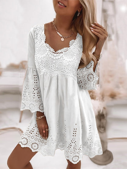 Women's Dress - Casual Dress Lace Dress Summer Dress Plain Lace Hollow Out U Neck Mini Dress Fashion Streetwear Outdoor Daily 3/4 Length Sleeve Loose Fit White Green Apricot Summer Spring S M L XL XXL