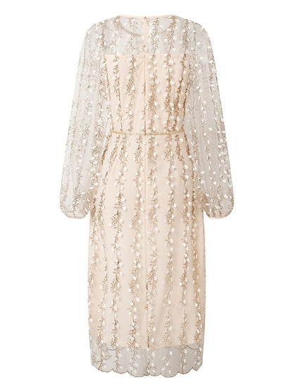 Women's Dress - Party Dress Lace Dress Sheath Dress Knee Length Dress White Long Sleeve Pure Color Lace Winter Fall Spring Crew Neck Elegant Winter Dress Birthday Wedding Guest 2023 S M L XL