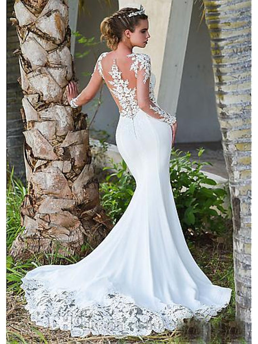 Engagement Open Back Formal Wedding Dresses Mermaid / Trumpet Illusion Neck Long Sleeve Court Train Lace Bridal Gowns With Appliques 2023 Summer Wedding Party, Women's Clothing - LuckyFash™