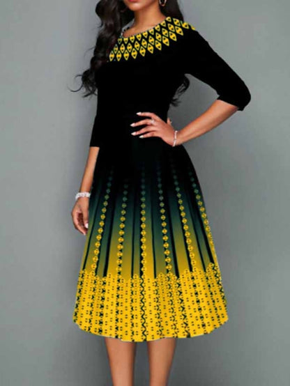 Women's Dress - Work Dress Swing Dress Church Dress Midi Dress Red Royal Blue Blue 3/4 Length Sleeve Print Print Summer Spring Crew Neck Elegant 2023 S M L XL XXL 3XL 4XL 5XL