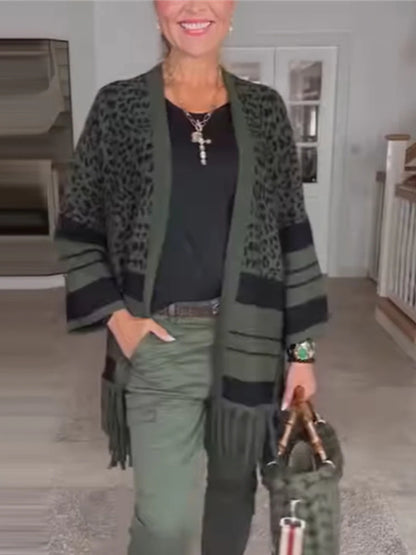 Women's Cardigan Sweater Jacket Open Front Ribbed Knit Polyester Tassel Knitted Print Fall Winter Regular Outdoor Daily Going out Fashion Casual Soft Long Sleeve Leopard Striped Dark Gray S M L