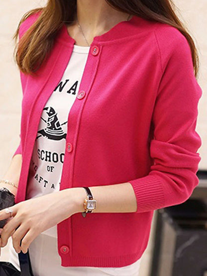 Women's Cardigan Sweater Crew Neck Ribbed Knit Acrylic Button Fall Winter Short Daily Going out Weekend Stylish Casual Soft Long Sleeve Solid Color Black Yellow Pink S M L